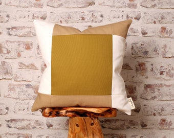 Bauhaus Inspired Olive Green Colour Block, Natural & White Cushion Cover, Mid Century Modern Geometric Detail, 18 x 18 Inch