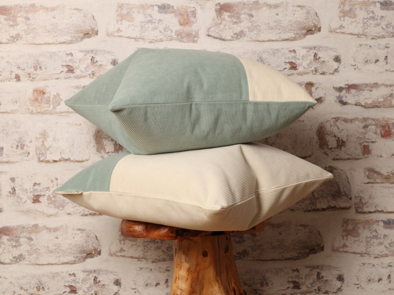 Sea Blue Green and Ecru Cream Corduroy Cushion Cover, Mid Century Modern, Colour Block, Aqua, Turquoise, Aquamarine, 16 x 16 22 x 22 Inch image 5