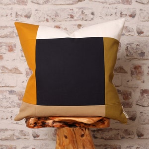 Bauhaus Inspired Navy Colour Block, Natural, Mustard, Olive Green & White Cushion Cover, Mid Century Modern, Geometric Detail, 18 x 18 Inch