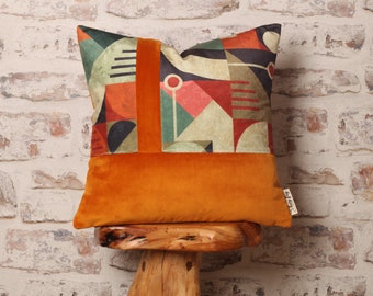 Geometric Bauhaus and Burnt Orange Cushion Covers, Mid century Modern, Art Movement 17 x 17 Inch, 13 x 16 Inch