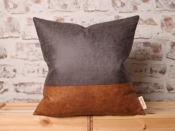 Color Block Faux Leather Cushion Cover: Steel Grey & Saddle Brown