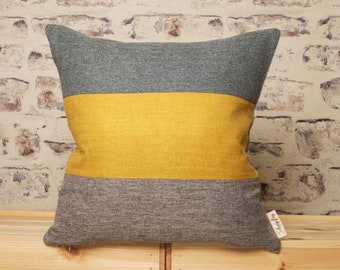 Teal Mustard and Grey Striped Cushion Cover, Grey Mustard Teal Striped Pillow Cover, 16 x 16 - 22 x 22 Inch Cover