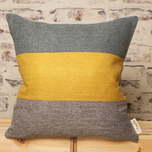Teal Mustard and Grey Striped Cushion Cover Grey Mustard Teal Etsy