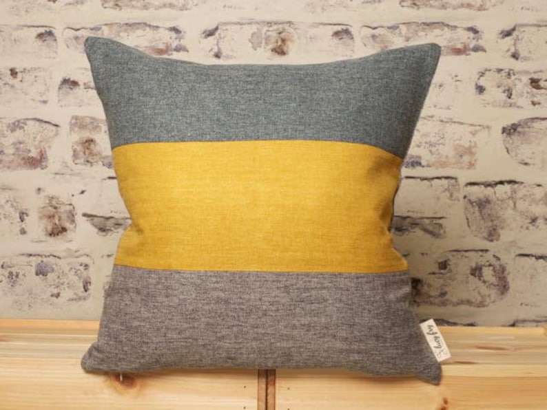 Teal Mustard and Grey Striped Cushion Cover Grey Mustard Teal Etsy