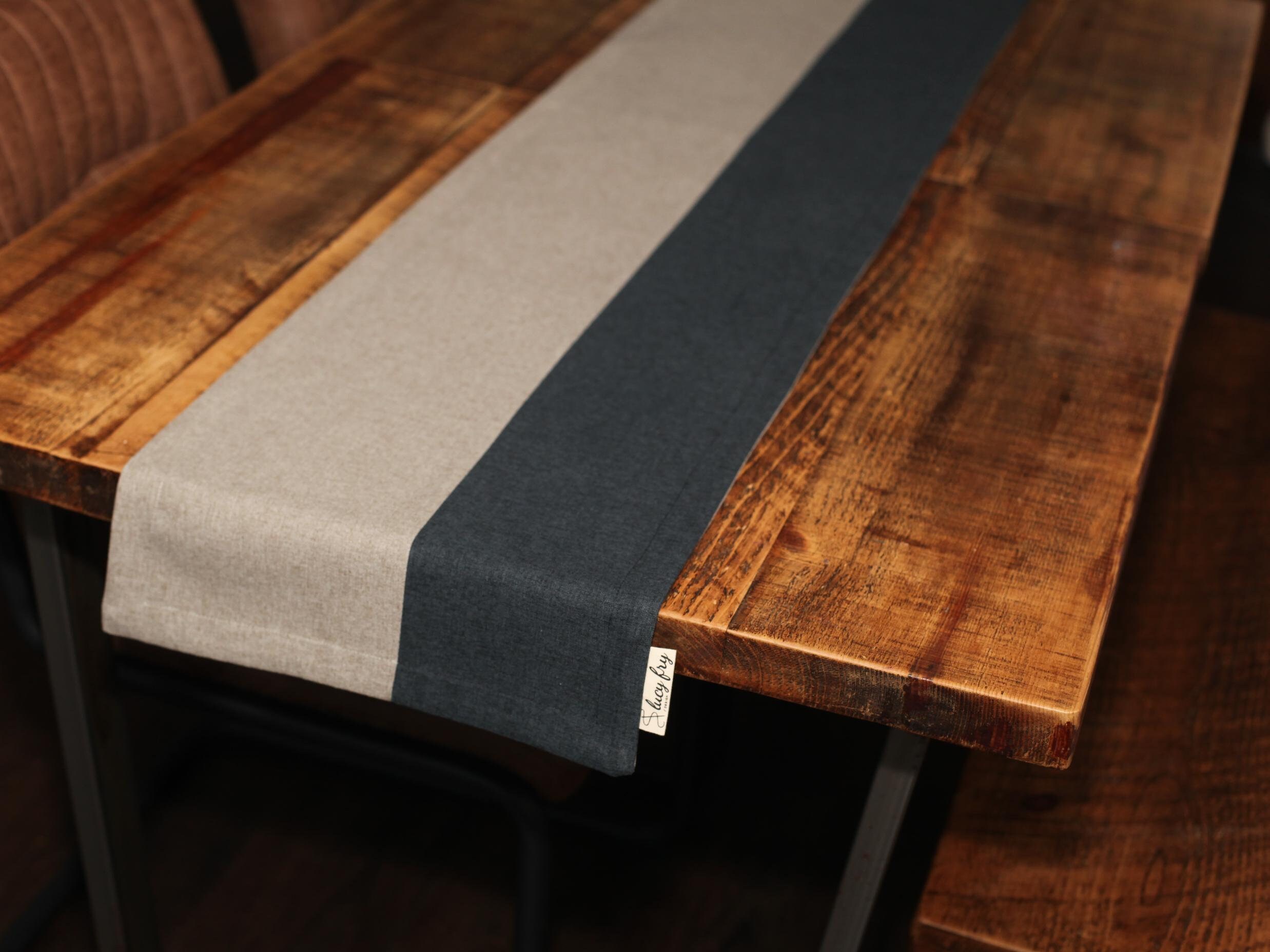 Luxury Table Runner: Ash Grey & Navy Band, Double Sided, Geometric, Colour Block - 14 x 61 Inches