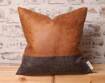 Color Block Faux Leather Cushion Cover - Saddle Brown & Steel Grey, 20x20 Inch