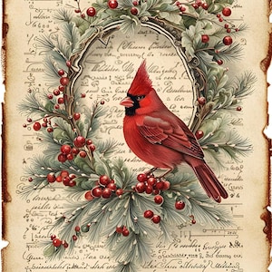 Cardinal Postcard | A4 Rice Paper | Paper for Decoupage | Vintage Winter Farmhouse Christmas