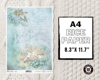 Blue Birdie | A4 Rice Paper | ITD Collection | Paper for Decoupage | Spring Retro Floral Bird