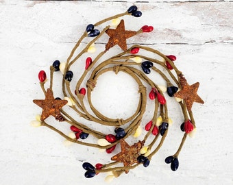 Patriotic Red, Cream, & Blue with Rusty Star Pip Berry Ring 1.5" | Taper Candle