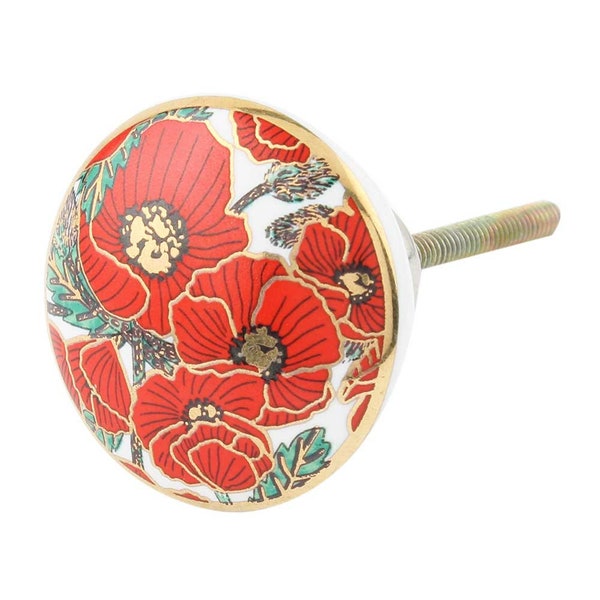 Red Poppy Flower Golden Ceramic Knob - Antique Finish - Drawer Pull Hardware