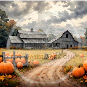 May include: Watercolor painting of a rural autumn scene. A dirt road leads past a wooden fence and a field of orange pumpkins toward a weathered barn under a cloudy sky. Fall foliage adds color.