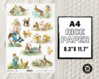 Retro Easter #1 | A4 Rice Paper | ITD Collection | Decoupage Paper | Vintage Postcard Rabbit & Chicken