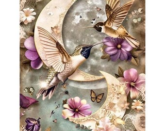 Hummingbird Moon Floral | A4 Mulberry Rice Paper | Paper for Decoupage | Craft Kreatively