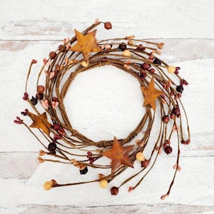 Primitive Fall Burgundy Multi with Rusty Stars Pip Berry 4&quot; Candle Ring | Craft Supply, Scrapbooking, Floral Arrangements