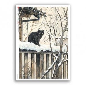 Cat on Ledge in Snow II | A4 or A3 Rice Paper | Paper for Decoupage | Paper Designs