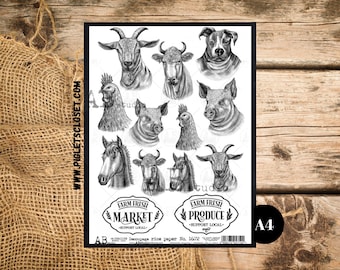 Sketched Farm | A4 Rice Paper | Paper for Decoupage | AB Studios | Farmhouse