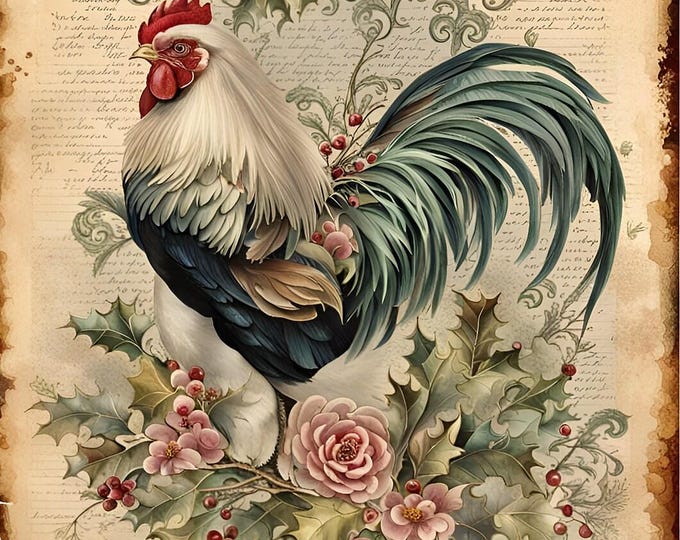 Rose Rooster A4 Rice Paper Paper for Decoupage Farmhouse Floral Vintage ...