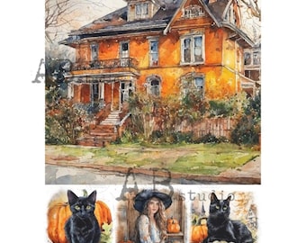 Autumn with Cats | A4 Rice Paper | Paper for Decoupage | AB Studios | Halloween Pumpkin Black Cat