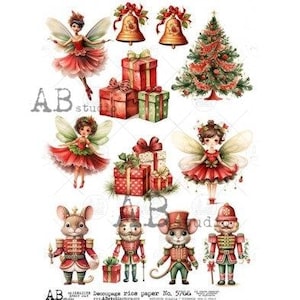 May include: A collage of Christmas-themed illustrations. It features fairies in red dresses, gift boxes with red bows, golden bells, a decorated Christmas tree, and toy soldier figures. The text "AB studio" is visible.