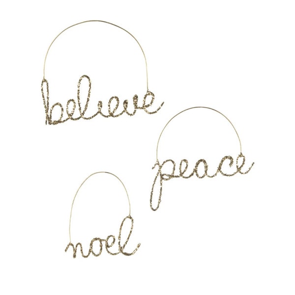 Bethany Lowe Designs Christmas Wire Glitter Ornaments | Peace, Noel, Believe