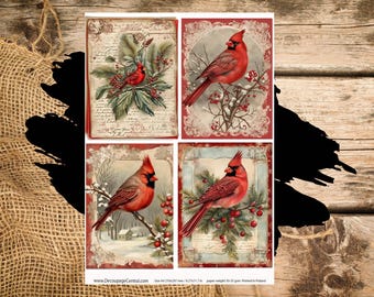 Cardinal Squares | A4 Rice Paper | Paper for Decoupage | Vintage Winter Farmhouse Christmas