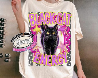 Black Cat Energy Comfort Color Shirt, Retro Halloween Stripe Tee, Vintage Halloween Cat Cottagecore, Cat Lover Gift, Cat Mom Spooky Season