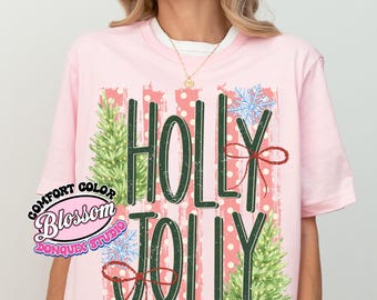 Holly Jolly Christmas Comfort Color Shirt, Preppy Stripe Polka Dot Xmas, Coquette Holiday Tshirt, Vintage Retro Festive Family Tee