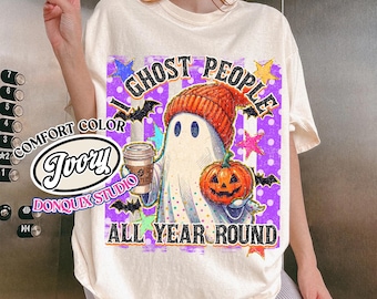 Comfort Color Funny Halloween Shirt, I Ghost People All Year Round, Sarcastic Spooky Season Quote Tee, Halloween Ghost Pumpkin Stripe Design