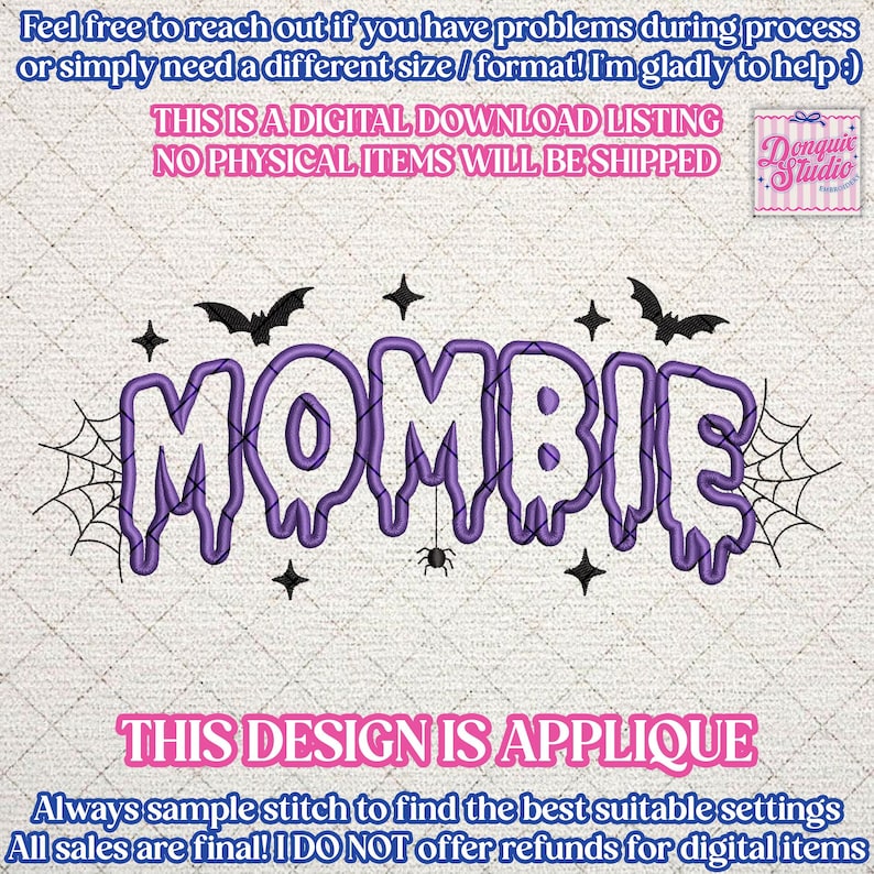 May include: A digital embroidery design featuring the purple text MOMBIE in a dripping font style. The design includes black embroidered accents of two bats, a spider hanging from a web, four-pointed stars, and spiderwebs on both ends.