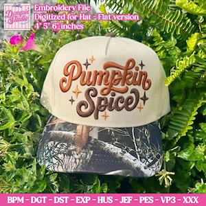 Pumpkin Spice Trucker Hat Embroidery File, Fall Autumn Season Cap Design, Trendy Autumn Drink Snapback Files PES DST