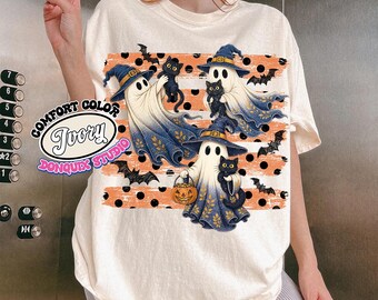 Comfort Colors® Ghost And Cat T-Shirt, Halloween Ghost Shirt, Halloween Cat Shirt, Cat Lower Halloween Gift, Spooky Season Cat Shirt