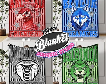 RCA School Spirit Minky Blanket, Vintage Cheering Houses, Amistad Friendship, Reveur Dreamers, Altruismo Givers, Isibindi Courage