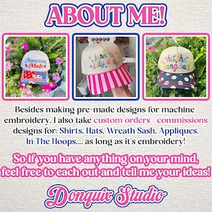 May include: Three baseball caps with embroidered text. The first is white with red polka dots and the text American Made. The second is cream with pink stripes and the text born to dilly dally. The third is cream with blue polka dots and the text hit the dang ball.