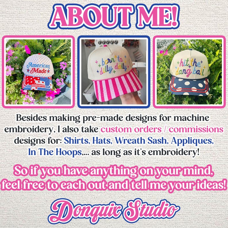 May include: Three baseball caps with embroidered text. The first is white with red polka dots and the text American Made. The second is cream with pink stripes and the text born to dilly dally. The third is cream with blue polka dots and the text hit the dang ball.