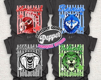 RCA School Team Mascot Comfort Color Shirt, Amistad Friendship, Reveur Dreamers, Isibindi Courage,  Altruismo Givers, RCA Houses Day Spirit