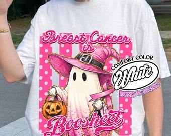 Breast Cancer Is Boosheet Comfort Color Shirt, Funny Halloween Ghost Tee, Sarcastic Spooky Season Quote, Ghost Stripe Polka Dot Pink Design