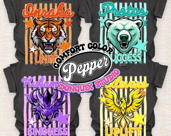 RCA School Team Mascot Comfort Color Shirt, Onraka Unity, Sollevare Uplift, Protos Success, Nukumori Kindness, RCA Houses Day Spirit