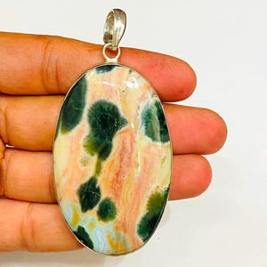 Handmade Ocean Jasper Pendant: 925 Sterling Silver Cabochon
