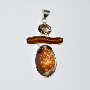 Smoky Quartz & Shell Pendant: Handmade 925 Sterling Silver, 2.5 Inch