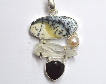 Handmade Dendrite Opal Pendant: Sterling Silver, Black Onyx, Pearl & Crystal
