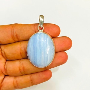 Natural Blue Lace Agate Pendant, 925 Sterling Silver, Silver Blue Lace Agate Pendant, Handmade Pendant, Blue Lace Agate Cabochon Pendant.