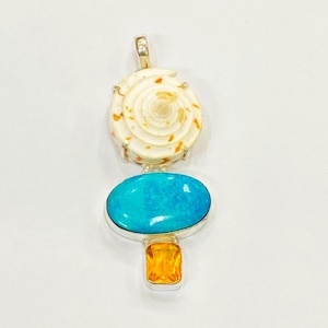 Ammonite, Turquoise & Citrine 925 Sterling Silver Pendant - Handmade
