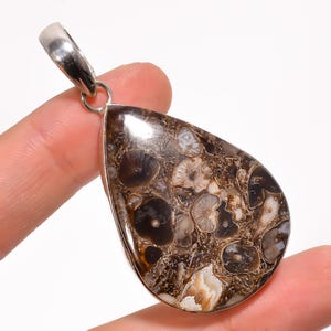 Sterling Silver Turritella Fossil Pendant - Handmade Pear Cabochon