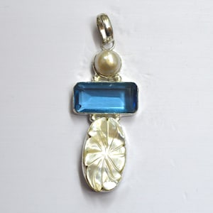 Blue Topaz, Shell Carving & Pearl Pendant: 925 Sterling Silver Handmade Pendant