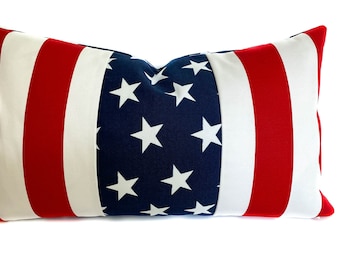 Patriotic outdoor lumbar pillow cover with zipper, Outdoor flag cushion case for porch or patio, 4th of July pillow, Cover for 12x18 cover