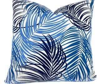 Blue Palms Outdoor Pillow Cover: Tropical Porch Cushion case for 16x16 inch insert