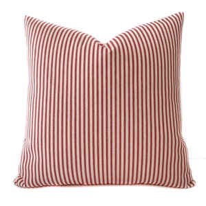 Red ticking stripe farmhouse throw pillow cover with zipper, Red canvas stripe cushion case, Toss pillow cover, 8 sizes available