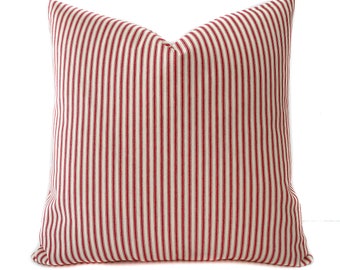 Red ticking stripe farmhouse throw pillow cover with zipper, Red canvas stripe cushion case, Toss pillow cover, 8 sizes available