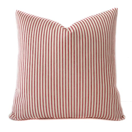 Red Ticking Stripe Farmhouse Throw Pillow Cover With Zipper Etsy