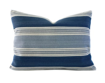 Blue stripe throw pillow cover with zipper, Blue off white stripe denim cushion case, Euro sham, Lumbar pillow cover, 14 sizes available
